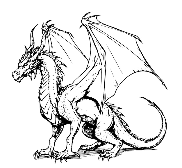 Vector fantasy dragon sitting sketch vector illustration myths and legends