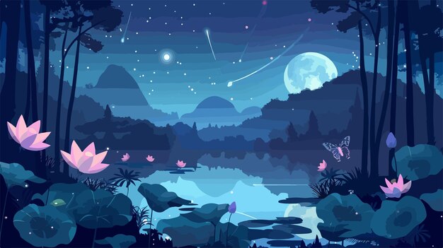 Vector fantasy dream night at the forest with lotus butterfly