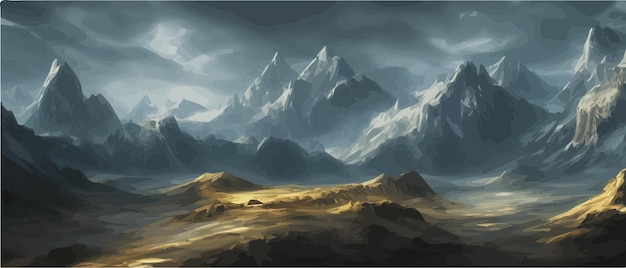 Vector fantasy epic magic mountain landscape mystical winter valley valley panoramic view of big mountains