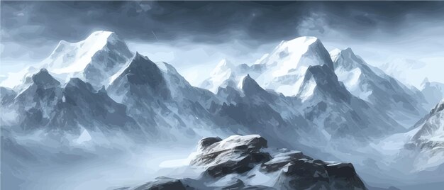 Fantasy epic magic mountain landscape mystical winter valley valley panoramic view of big mountains