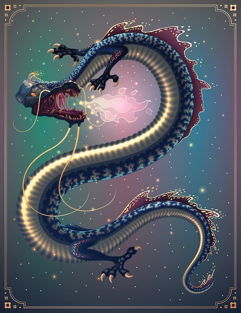 Fantasy fire breathing chinese flying dragon illustration with hieroglyph means "Dragon"
