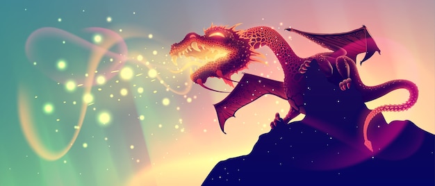 Fantasy fire breathing dragon on a rock with glowing flame