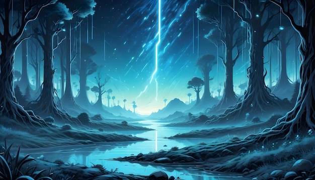 A fantasy forest scene with tall trees a river and a bright blue beam of light shooting up into the starry sky