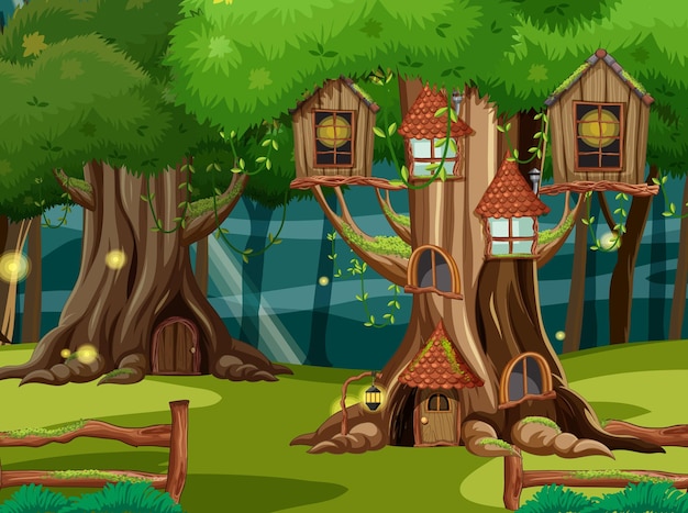 Fantasy forest scene with tree houses