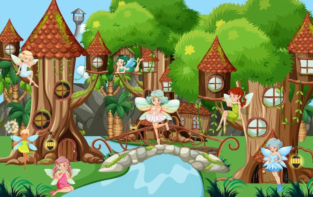 Fantasy forest with cute fairies