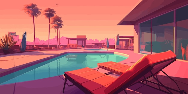 Fantasy Getaway A Picture of a Swimming Pool and Chairs in Light Orange and Magenta