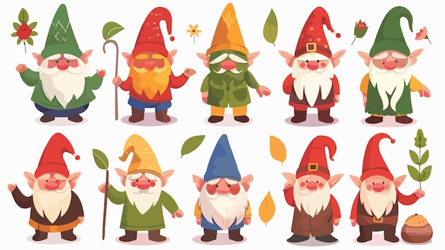 Vector fantasy gnome character set with colorful costume and magic icons