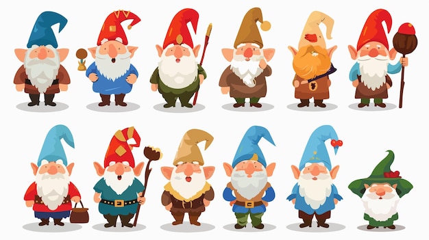 Vector fantasy gnome character set with colorful costume and magic icons