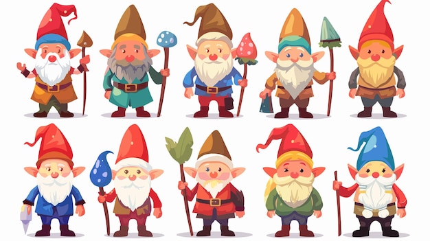 Vector fantasy gnome character set with colorful costume and magic icons