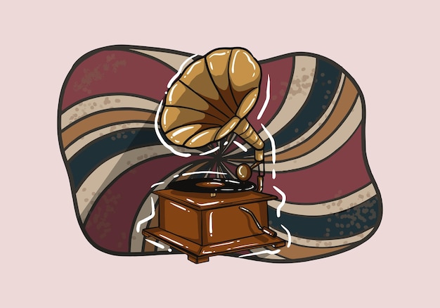 Fantasy grotesque vintage steampunk style gramophone. Hand drawn vector illustration. Music festival