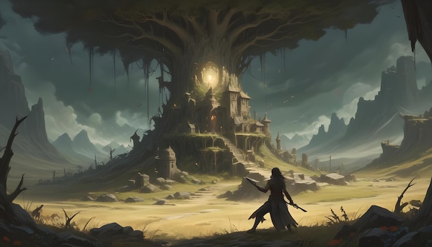 Vector a fantasy illustration of a giant tree with a building in its trunk with a path leading towards it a man with a sword stands in the foreground