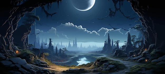 Vector fantasy illustration landscape night planet moon dark futuristic fiction science background ar