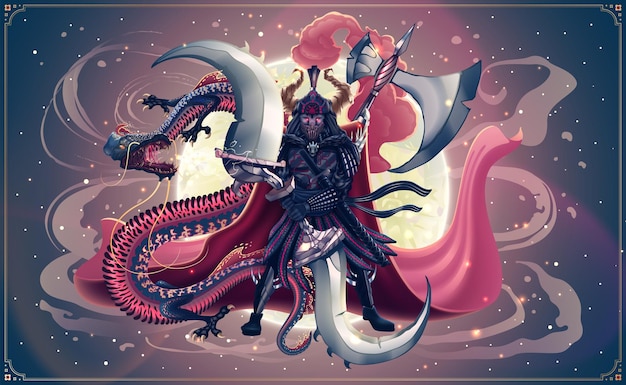 Vector fantasy japanese samurai warrior with big sword and dragon or snake battle over moon