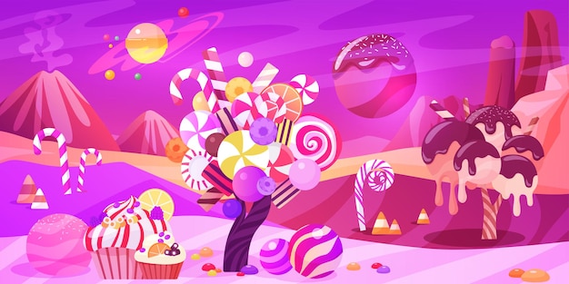 Vector fantasy land of candy alien planet with sweet trees magic plants and purple neon sky