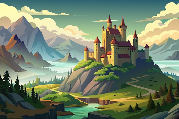 Vector fantasy landscape illustration of a majestic castle on a hill with mountains river and forest