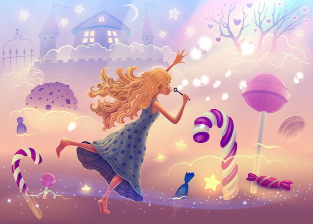 Fantasy landscape illustration with dreaming girl flying in sweet world with Christmas candy canes