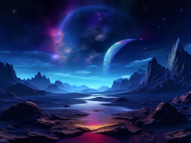 Vector fantasy landscape of planet with a moon and starry sky illustration