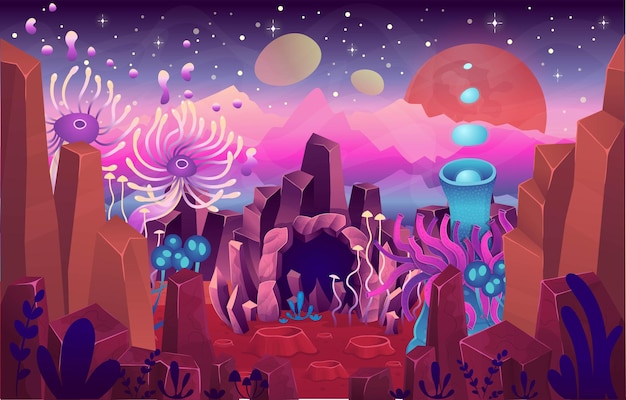 Fantasy landscape with a cave magical plants and mushrooms Illustration of space