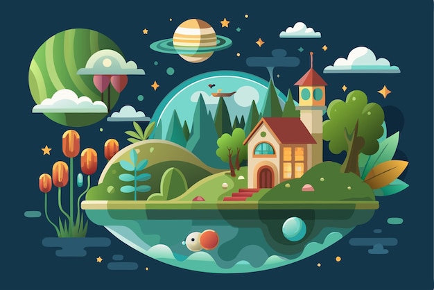 Vector a fantasy landscape with a house trees and planets