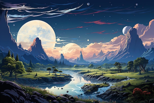 Fantasy landscape with a lake trees clouds and full moon Moonlight Starry sky Fairytale Night