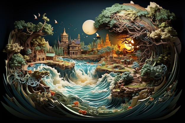 Vector fantasy landscape with a lake trees clouds and full moon moonlight starry sky fairytale night