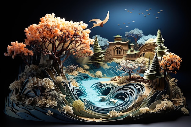 Vector fantasy landscape with a lake trees clouds and full moon moonlight starry sky fairytale night