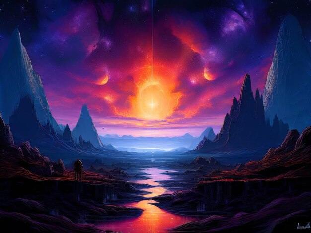 Vector fantasy landscape with moon fantasy colorful alien fantasy 3d illustration