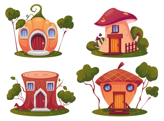 Fantasy little magical elf dwarf houses isolated set flat graphic design illustration