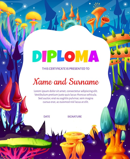 Fantasy magic cartoon mushrooms kids diploma