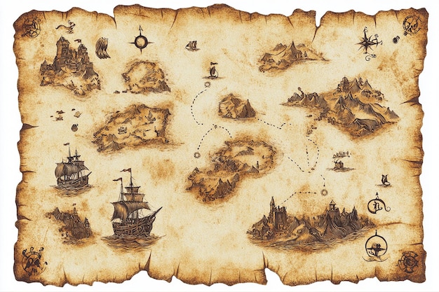 Vector fantasy map of sea with treasure hunt