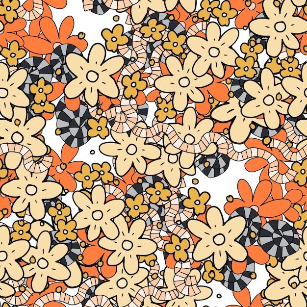 Fantasy messy freehand doodle geometric shapes and flowers seamless pattern. Infinity ditsy scribble