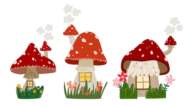 Vector fantasy mushroom fly agaric house forest mushroom fairy home agaric with windows hand drawn style vector drawing collection of elements forest