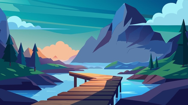 Vector fantasy nature and water and rock and wooden road and clouds and mountain in a simple colors