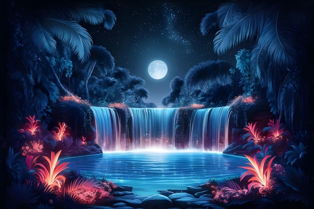 Vector fantasy of neon waterfall in deep forest glowing colorful look like fairytale