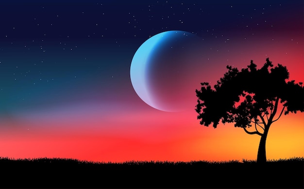 Fantasy night background with moon and tree silhouette