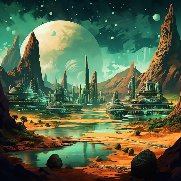 Vector fantasy planet science world background alien fiction futuristic future scifi digital sky moo