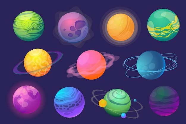 Fantasy planets set graphic elements in flat design