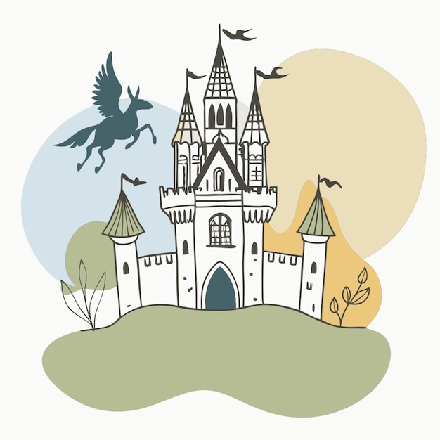 fantasy realm enchanted castle silhouette with mystical creatures vector illustration line circuit