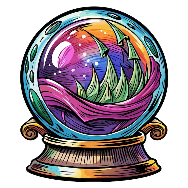 Vector fantasy sailboat in cosmic crystal ball with vibrant colors