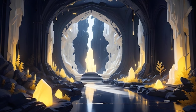 Vector a fantasy scene with a pathway leading through a grand archwaylike entrance the scene is filled with glowing yellow crystals and a sense of mystery and wonder