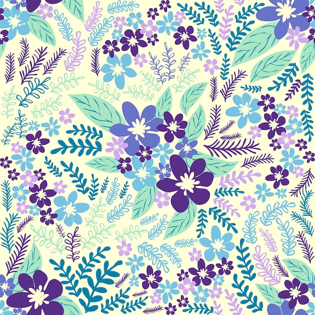 Fantasy seamless floral pattern with blue azure tsman lavender flowers and leaves Elegant template for fashion