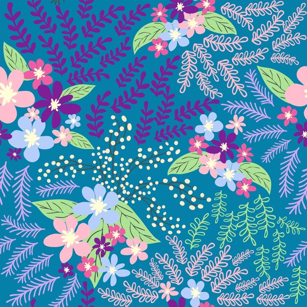 Fantasy seamless floral pattern with blue pink purple red orange flowers and leaves Elegant template for fashion