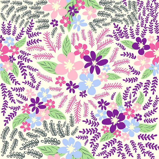 Fantasy seamless floral pattern with blue pink purple red orange flowers and leaves Elegant template for fashion