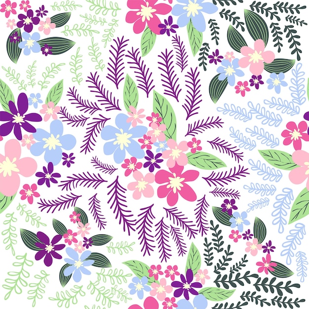 Fantasy seamless floral pattern with blue pink purple red orange flowers and leaves Elegant template for fashion