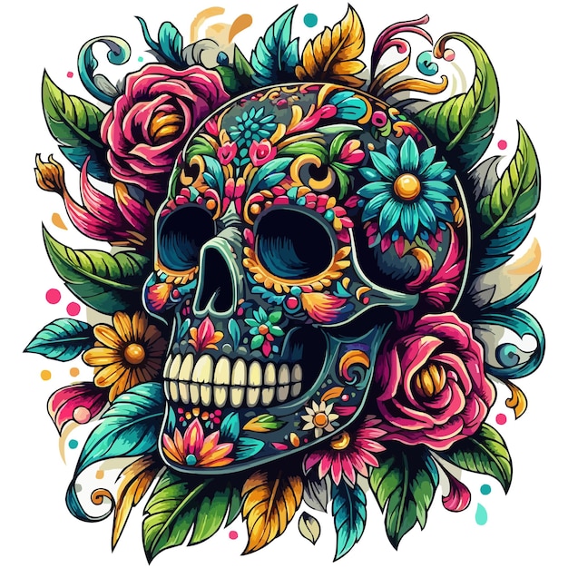 Vector fantasy skull with flowers and leaves vector illustration