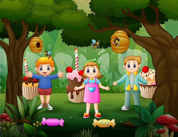 Fantasy sweet forest background with happy three kids