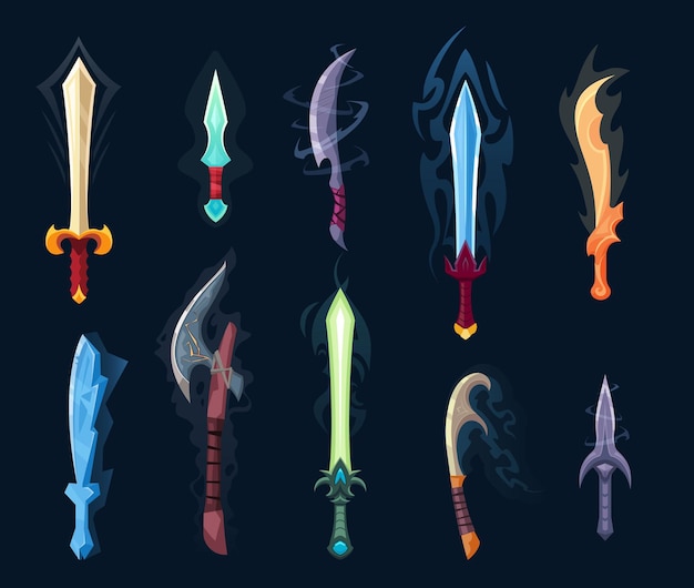 Vector fantasy swords mystic futuristic medieval metal longswords blades ui game assets neon flash knifes