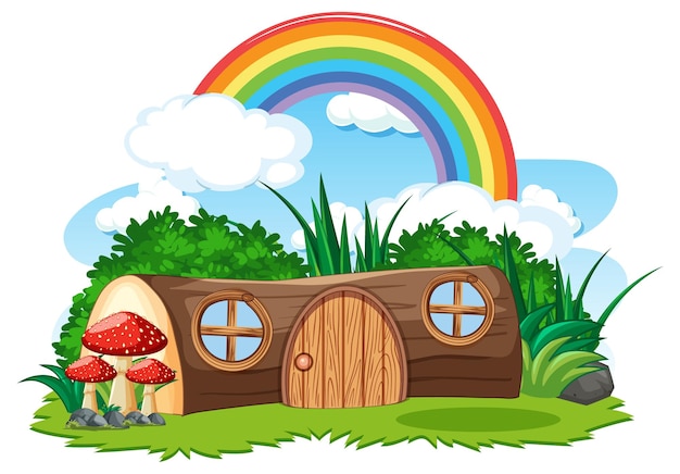 Fantasy timber house with rainbow in the sky