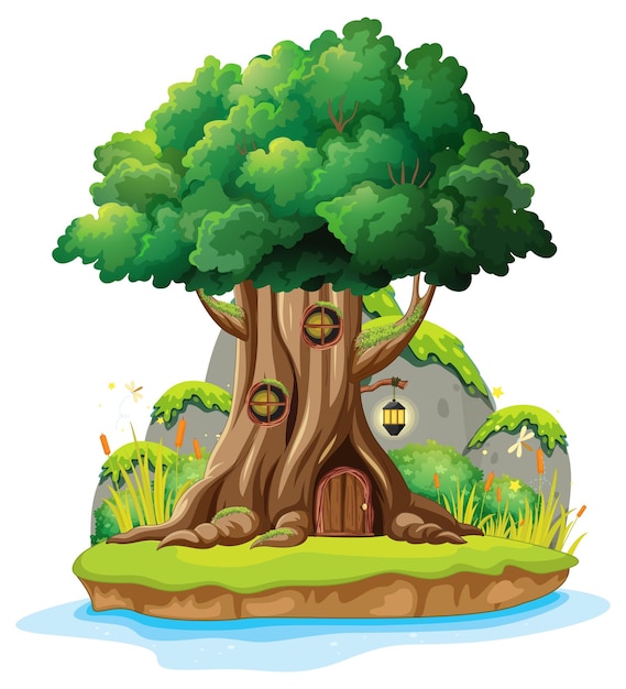 Fantasy tree house inside tree trunk on white background