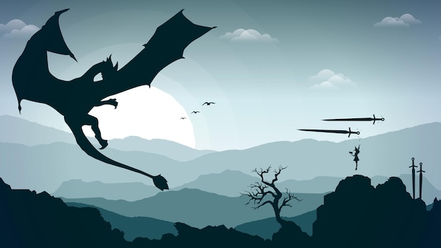 fantasy wallpaper with mythological animal. witch versus dragon. mountain background. sword warrior.